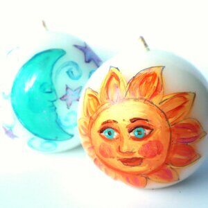 NEW Hand Painted Sun Moon and Stars Candle Set Boho Celestial Decor Cute Gift